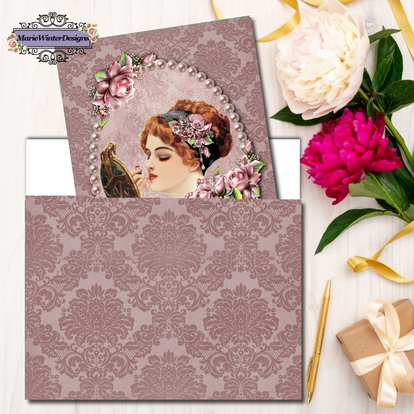 PDF Digital Download Printable Greeting Card with Elegant Early 1900s Vintage Harrison Fisher Illustration, surrounded by pearls, cluster of purple flowers on purple damask background ib ourple damask envelope