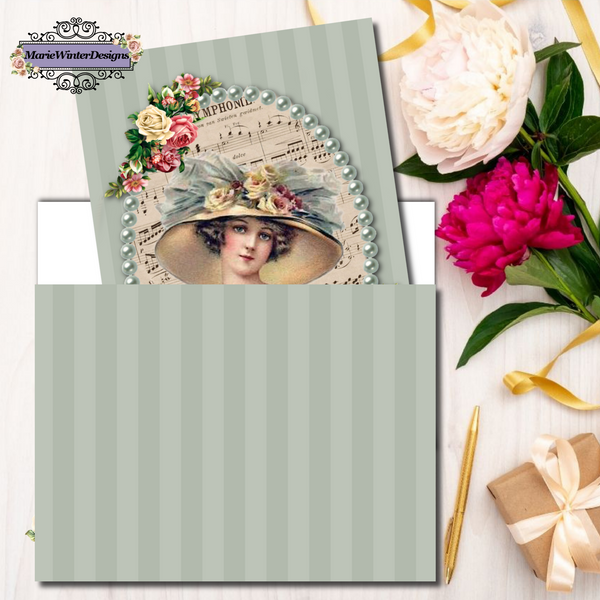 PDF Digital Download Printable Greeting Card with 1900s Vintage Woman in a Large Hat Accented with Vintage Flowers Teal Stripe Background in teal stripe envelope