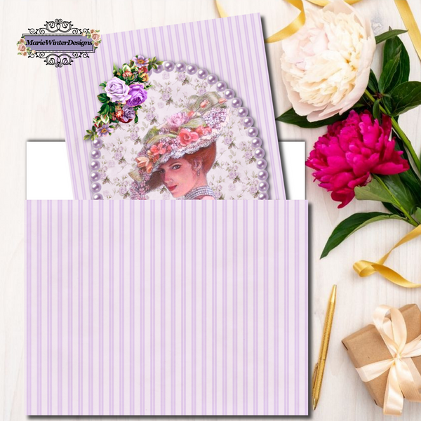 PDF Digital Download Printable Greeting Card with Elegant Early 1900s Vintage Woman Wearing a Purple Lace Dress and Large Floral Hat half way into purple and white stripe envelope, small tan box and flowers behind