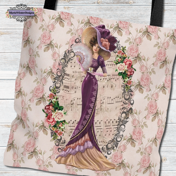 Tote Bag Purse Book Bag With Elegant Early 1900s Vintage Hello Dolly Lady in a Burgandy Dress on pink roses, green leaves white background
