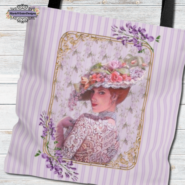 Tote Bag Purse and Book BagWith Elegant Early 1900s Vintage Woman Wearing a Purple Lace Dress