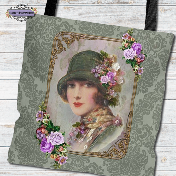 Tote Bag Purse with lady wearing a  Green Flapper Style Gatsby Hat on green damask background agains  a floral backdrop with white vases and small purple flowers