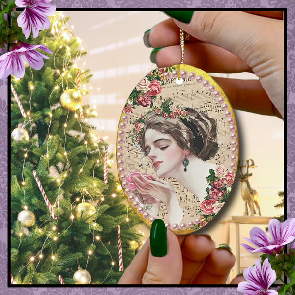 An oval Ceramic Ornament With Elegant Early 1900s Vintage Harrison Fisher Illustration of Lady Holding a Rose surround by pearls with Christmas Tree in back