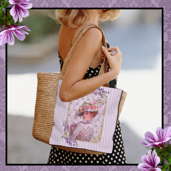Tote Bag Purse and Book BagWith Elegant Early 1900s Vintage Woman Wearing a Purple Lace Dress