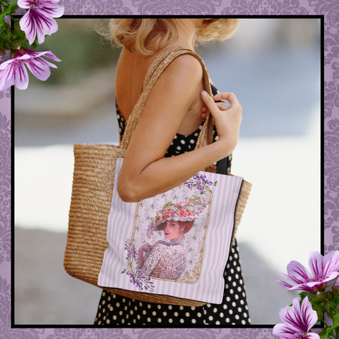Tote Bag Purse and Book BagWith Elegant Early 1900s Vintage Woman Wearing a Purple Lace Dress