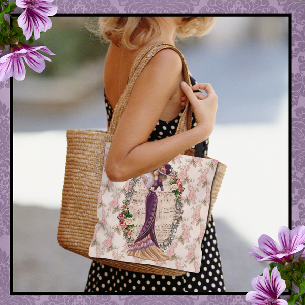 Woman in black and white polka dots carrying a Tote Bag Purse Book Bag With Elegant Early 1900s Vintage Hello Dolly Lady in a Burgundy Dress on pink roses, green leaves white background