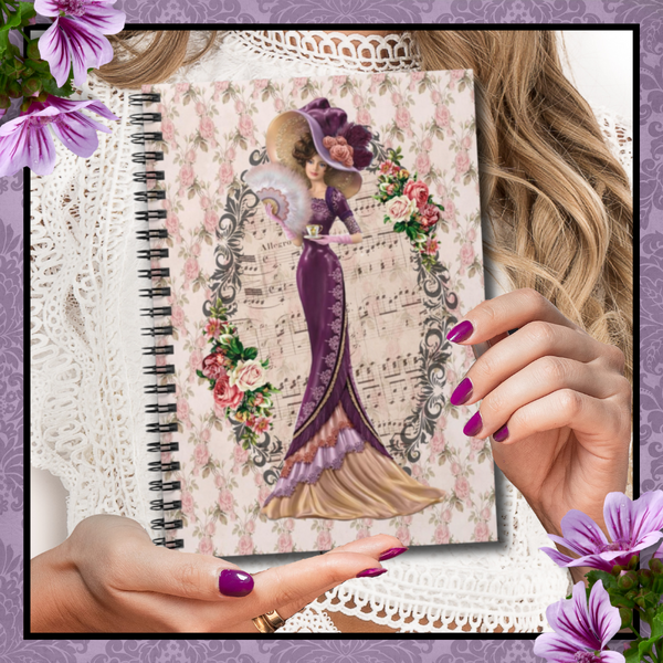 Woman with polished nails holding a Spiral Bound Notebook/Journal  Featuring a woman wearing a Vintage Hello Dolly style Burgundy Dress and Large Hat with a on a Floral Background