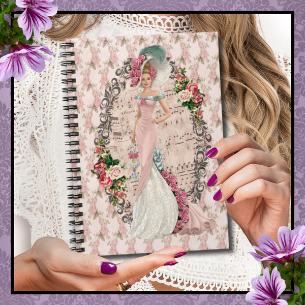 Spiral Bound Notebook Journal with Early 1900s Vintage Hello Dolly Lady in a Pink Dress and Large Hat on Floral Background decorated with clusters of vintage flowers