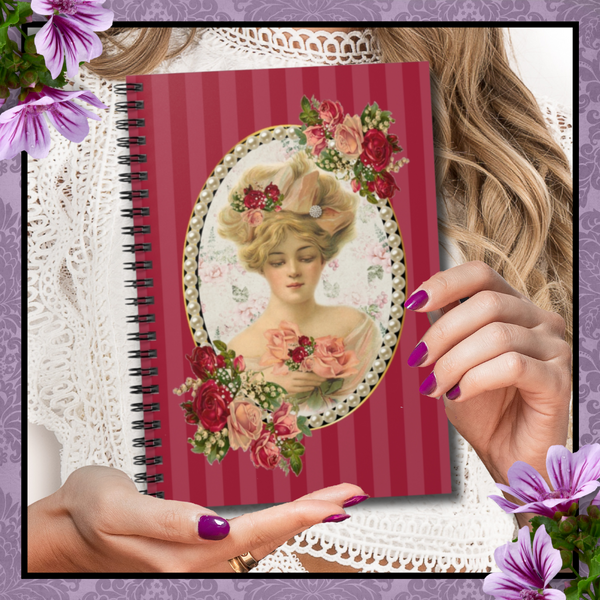 Spiral Bound Notebook Journal With Elegant Vintage Floral Design Cameo with Pearls on Red Stripes