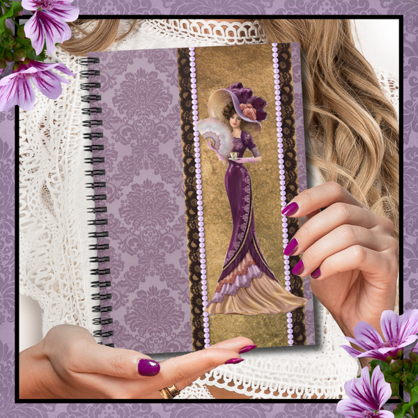 Spiral Bound Notebook Journal With Elegant Early 1900s Vintage Woman Wearing a burgandy dress over gold ribbon edged with black lace and lavender pearls and Large Hat On Purple Damask Background