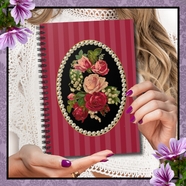 Spiral Bound Notebook Journal With Elegant Vintage Floral Design Cameo with Pearls on Red Stripes