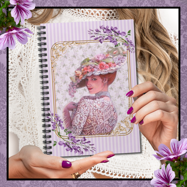 Spiral Bound Notebook with with Elegant Early 1900s Vintage Woman Wearing a Lace Dress and Large Floral Hat