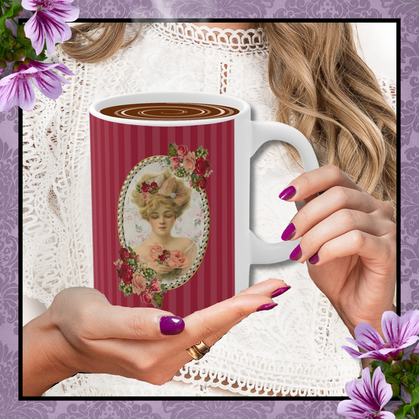 Ceramic Mug With Elegant Early 1900s Vintage Woman Surrounded with Pearls on Red Stripes with White Handle and pink flowers behind "two sided mug"