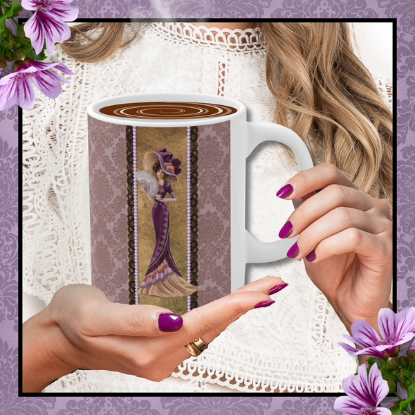 Ceramic Mug With Elegant Early 1900s Vintage Woman Wearing a burgandy dress Large Hat on Gold stipe edged with black lace and lavender pearls On Purple Damask Background and White Handle and pink flowers in back "two sided mug"