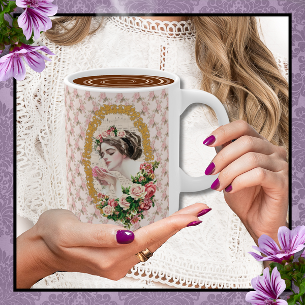 Ceramic Mug with With With Early 1900s Vintage Harrison Fisher Illustration of Lady In Gold Frame accented with roses with white handle, pink flowers behind
