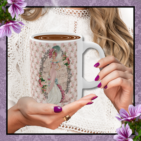 Woman with dark red nail polish holding a Ceramic Mug with With with Early 1900s Vintage Hello Dolly Lady in a Pink Dress and Large Hat and pink Floral Background  