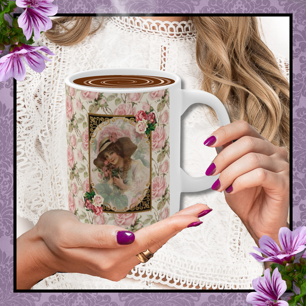 Ceramic Mug with With Elegant Early 1900s Vintage Woman in a Large Hat with Black and Gold Frame on rose pattern background and white handle and pink flowers behind