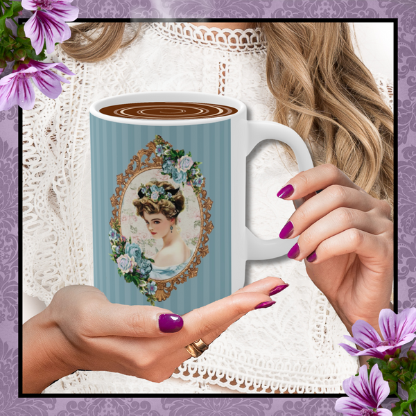 Ceramic Mug with With Elegant Early 1900s Vintage Harrison Fisher Illustration of Lady In Gold Frame On Blue Striped Background with white handle pink flower behind