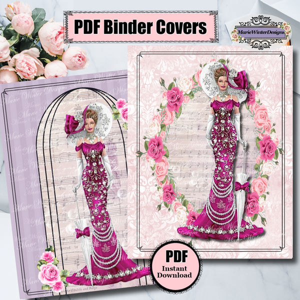 2 PDF instant download Binder Covers with Vintage Victorian Lady in Burgandy Dress