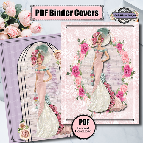 2 PDF instant download Binder Cover with Vintage Victorian Lady in Pink Dress