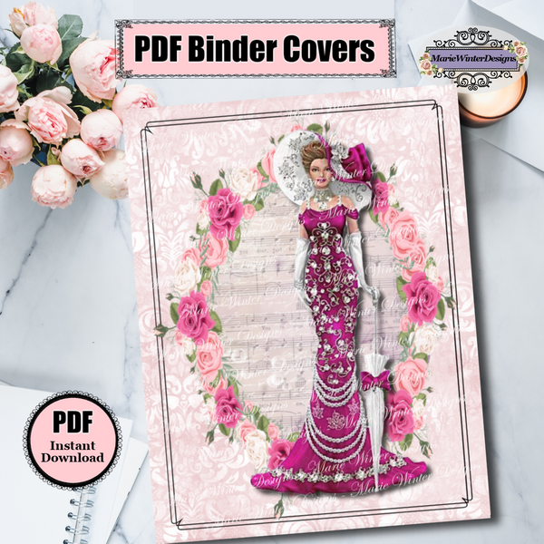 PDF instant download Binder Cover with Vintage Victorian Lady in Burgandy Dress
