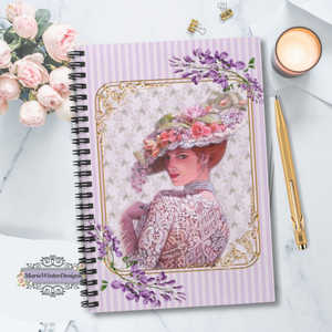 Spiral Bound Notebook with  with Elegant Early 1900s Vintage Woman Wearing a Lace Dress and Large Floral Hat, candle, gold pen and pink roses behind