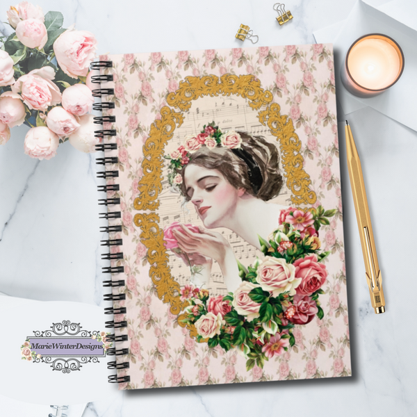 Spiral Bound Notebook Journal  With  Early 1900s Vintage Harrison Fisher Illustration of Lady In Gold Frame accented with roses, candle, gold pen and pink flowers behind