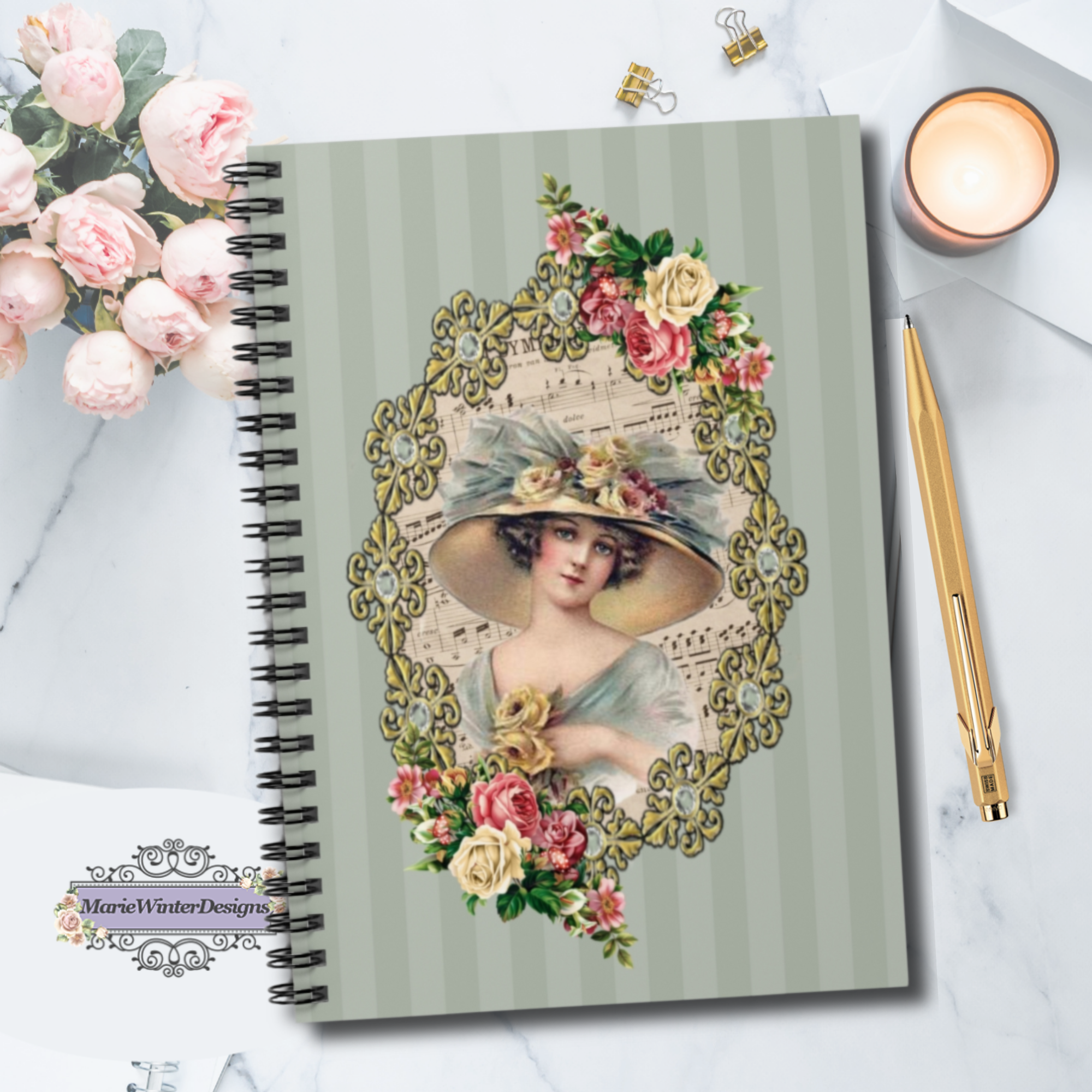 Spiral Bound Notebook Journal With Elegant Early 1900s Vintage Woman in a Large Hat Surrounded By gold filigrees accented with roses on Teal Stripes , candle, gold pen, pink roses behind