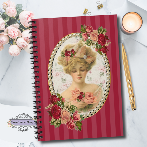 Spiral Bound Notebook Journal With Elegant Vintage Floral Design Cameo with Pearls on Red Stripes with candle, gold pen and pink roses behind