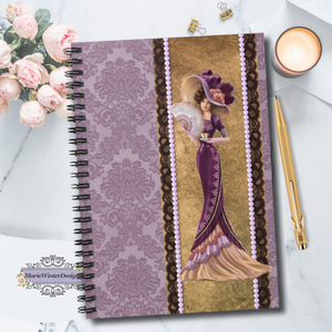 Spiral Bound Notebook Journal  With Elegant Early 1900s Vintage Woman Wearing a burgandy dress over gold ribbon edged with black lace and lavender pearls and Large Hat On Purple Damask Background with candle, gold pen and pink roses behind