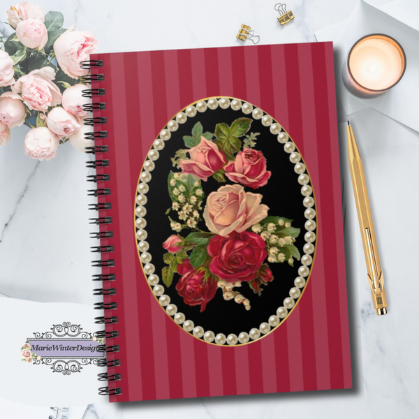 Spiral Bound Notebook Journal  With Elegant Vintage Floral Design Cameo with Pearls on Red Stripes, candle, gold pen and pink roses behind
