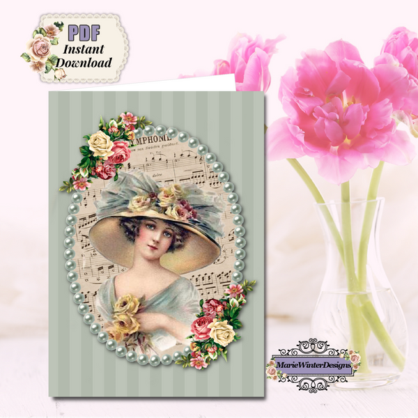 opened PDF Digital Download Printable Greeting Card with 1900s Vintage Woman in a Large Hat Accented with Vintage Flowers Teal Stripe Background. pink flowers in clear vase behind
