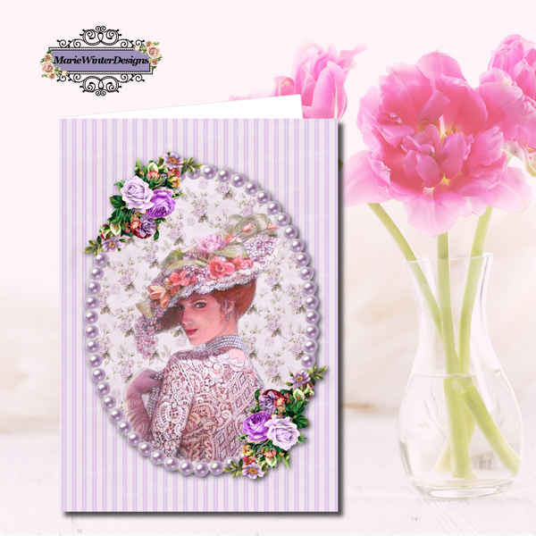 open PDF Digital Download Printable Greeting Card with Elegant Early 1900s Vintage Woman Wearing a Purple Lace Dress and Large Floral Hat with clear vase of pink flowers behind