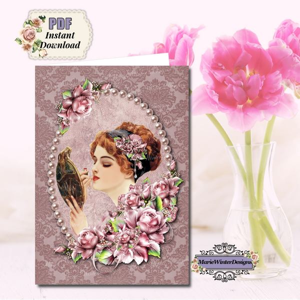 PDF Digital Download Printable Greeting Card with Elegant Early 1900s Vintage Harrison Fisher Illustration, surrounded by pearls, cluster of purple flowers on purple damask background. pink flowers in clear vase  behind