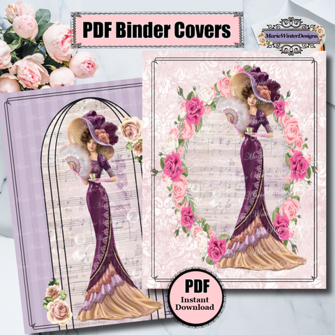 2 PDF instant download Binders Cover with Vintage Victorian Lady in Purple Dress