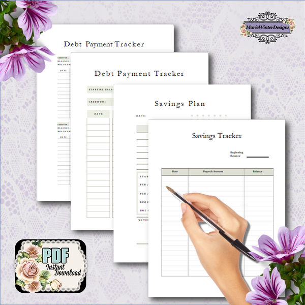 printable pages budget planner, 2 debt payment trackers, savings plan, savings tracker, 