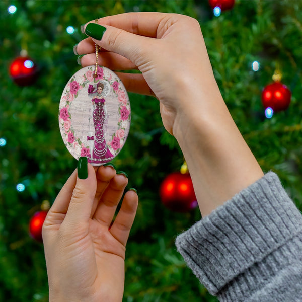 Ceramic Hanging Christmas Ornament With Elegant Early 1900s Vintage Victorian Woman In Burgundy Color Dress And Floral Wreath