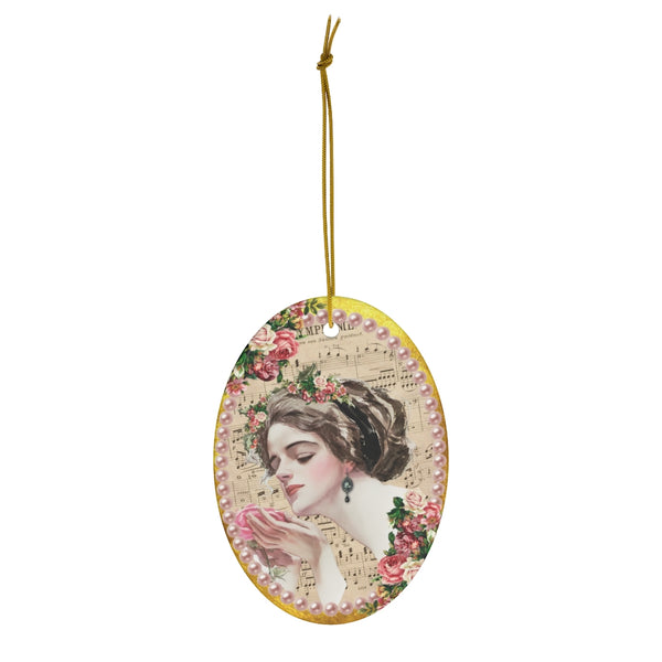 Ceramic Ornament With Elegant Early 1900s Vintage Harrison Fisher Illustration of Lady Holding a Rose