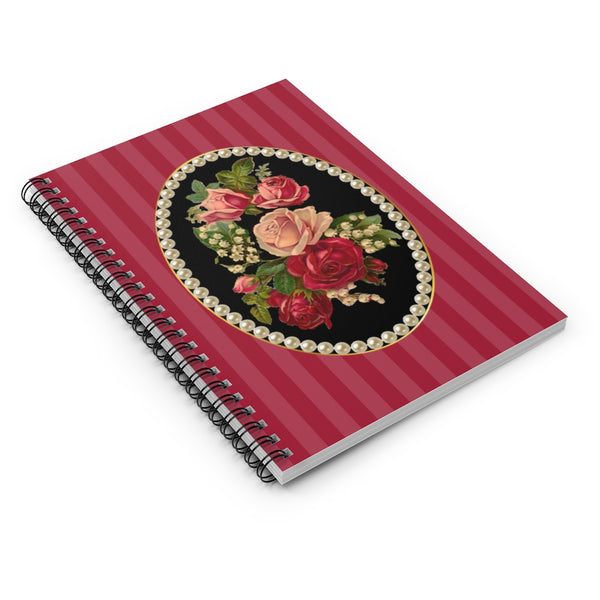 Spiral Bound Notebook Journal Lined Pages With Elegant Vintage Floral Design Cameo with Pearls on Red Stripes