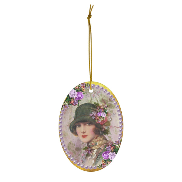 Ceramic Ornament With Elegant Early 1900s Vintage Woman in Green Flapper Style Gatsby Hat surrounded by purple pearls on gold background