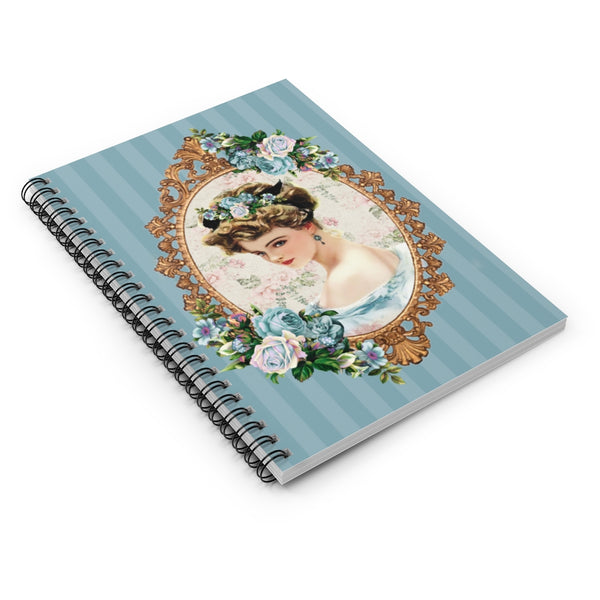 Spiral Bound Notebook Journal Lined Pages With  Early 1900s Vintage Harrison Fisher Illustration of Lady In Gold Frame Accented With Roses