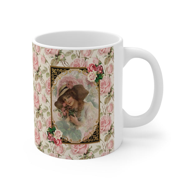 Ceramic Mug with With Elegant Early 1900s Vintage Woman in a Large Hat with  Black and Gold Frame on rose pattern background and white handle