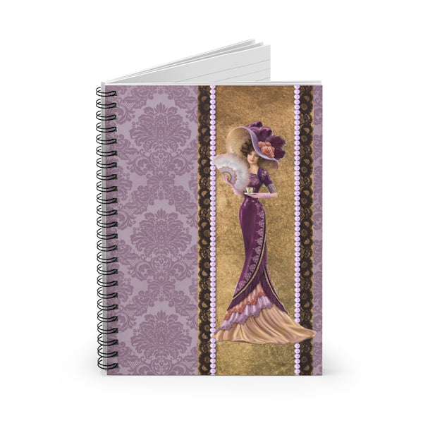 open Spiral Bound Notebook Journal  With Elegant Early 1900s Vintage Woman Wearing a burgandy dress over gold ribbon edged with black lace and lavender pearls and Large Hat On Purple Damask Background