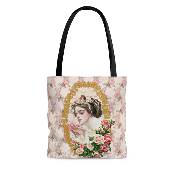 Tote Bag Purse With Elegant Early 1900s Vintage Harrison Fisher Illustration with gold frame on pink roses with green leaves over white background