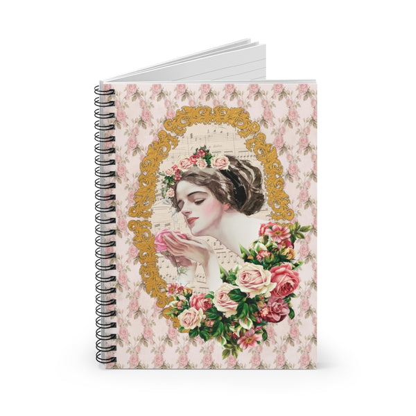 open Spiral Bound Notebook Journal  With  Early 1900s Vintage Harrison Fisher Illustration of Lady In Gold Frame accented with roses