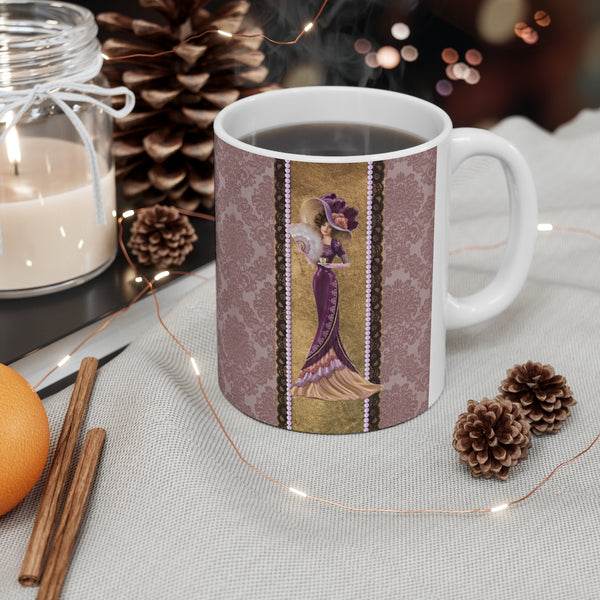 Ceramic Mug With Elegant Early 1900s Vintage Woman Wearing a burgandy dress Large Hat on Gold stipe edged with black lace and lavender pearls On Purple Damask Background and White Handle
