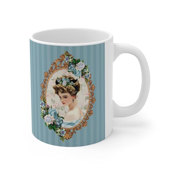 Ceramic Mug with With Elegant Early 1900s Vintage Harrison Fisher Illustration of Lady In Gold Frame On Blue Striped Background with white handle