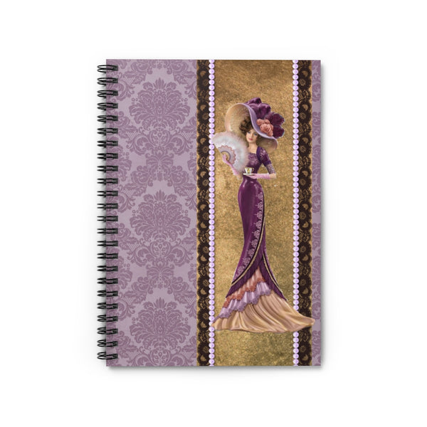 Spiral Bound Notebook Journal  With Elegant Early 1900s Vintage Woman Wearing a burgandy dress over gold ribbon edged with black lace and lavender pearls and Large Hat On Purple Damask Background