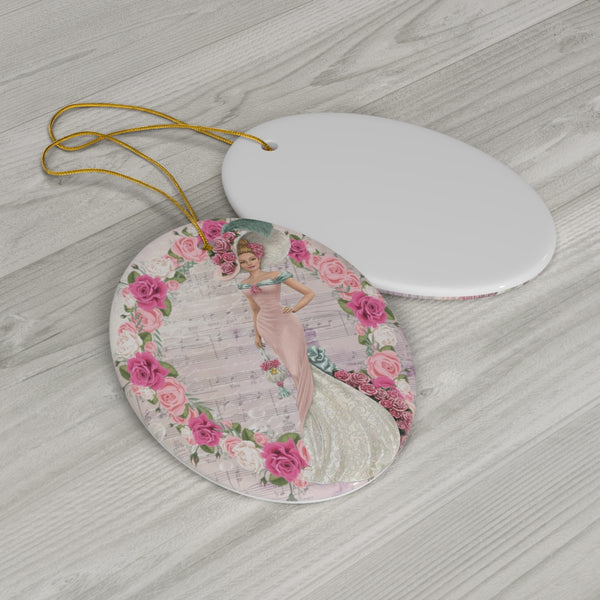 Front and back sides of oval Oval ceramic ornament with Edwardian Lady with large hat music sheet background surrounded with pink and white roses. Backside is all white