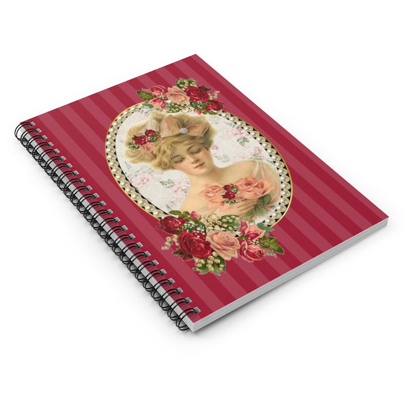 Spiral Bound Notebook Journal With Elegant Vintage Floral Design Cameo with Pearls on Red Stripes